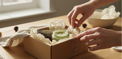 Hands packing a product order with custom branding