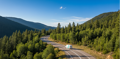 Delivery truck shipping orders along a mountain road