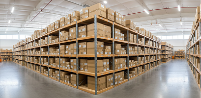 Warehouse shelves stacked with stored inventory